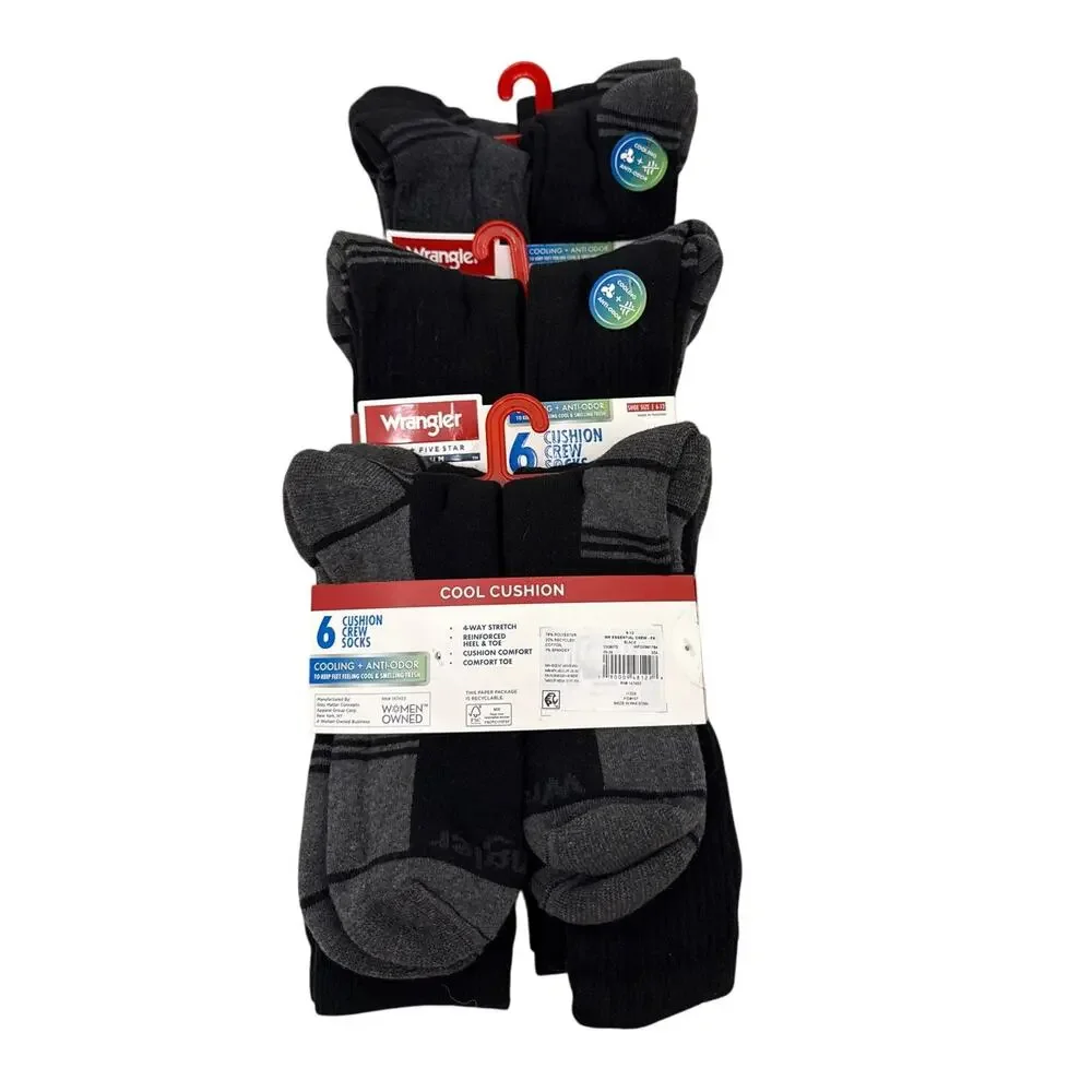 Wrangler Sock Bundle 3 Packs Cushion Cooling Black Crew Socks Size Men's 6-12